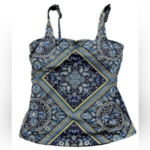 LANDS' END navy blue paisley square neck underwire tankini swim top size 12 NWT